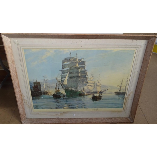 954 - Montague Dawson, Studio colour print, ships at harbour, and a collection of shipping prints and wate... 