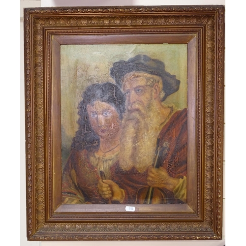 988 - 19th century oil on canvas, portrait of an old violinist and his daughter, unsigned, 17