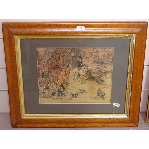 993 - 19th century reverse painting on glass, genre scene, and a coloured engraving, hunting scene, maple ... 