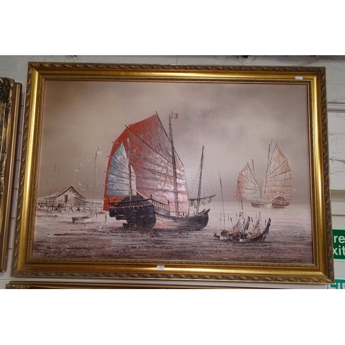 994 - 2 oil on canvases, Parisian street scenes, and an oil on canvas, a Chinese junk, framed