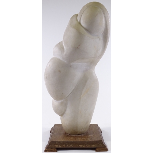 204 - A mid-20th century carved white marble sculpture, abstract figure, indistinctly signed M Tania?, on ... 