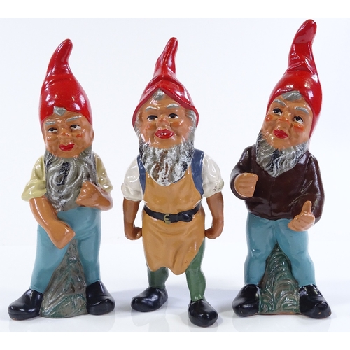 100 - 3 Vintage Heissner hand painted terracotta gnomes, circa 1960s, with original labels, height 22cm