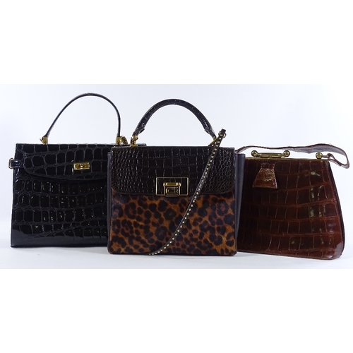 117 - A Ligator patent alligator skin designer handbag, a Vintage crocodile skin bag, and a Class designer... 