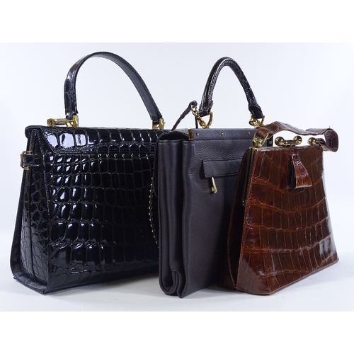 117 - A Ligator patent alligator skin designer handbag, a Vintage crocodile skin bag, and a Class designer... 