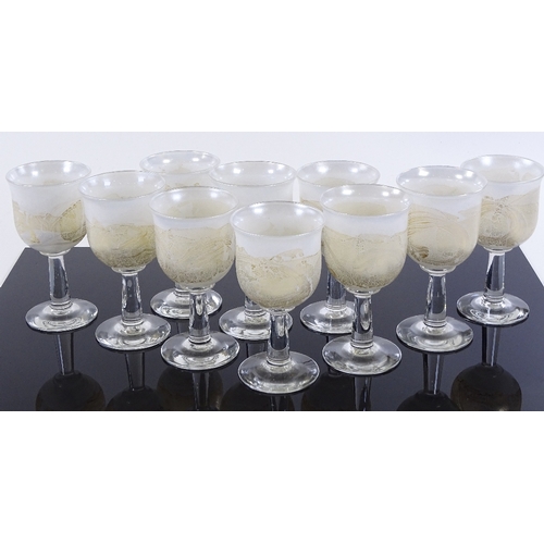 120 - A set of 10 Isle of Wight hand blown and gilded glass goblets, height 15.5cm, boxed