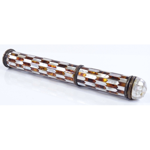 127 - A Middle Eastern tortoise shell and mother-of-pearl covered cylindrical writing case, length 32cm