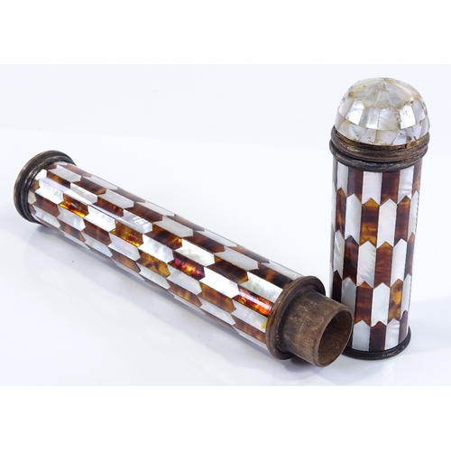 127 - A Middle Eastern tortoise shell and mother-of-pearl covered cylindrical writing case, length 32cm