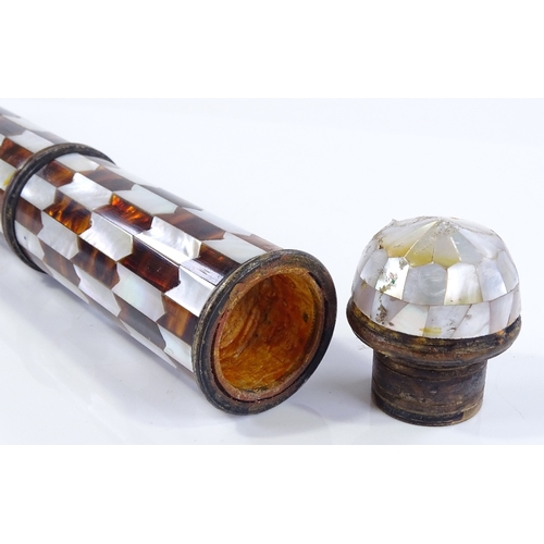 127 - A Middle Eastern tortoise shell and mother-of-pearl covered cylindrical writing case, length 32cm