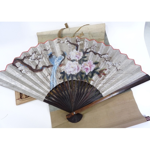 144 - A large hand painted fan, length 66cm, 2 relief carved wood wall plaques, and a scroll