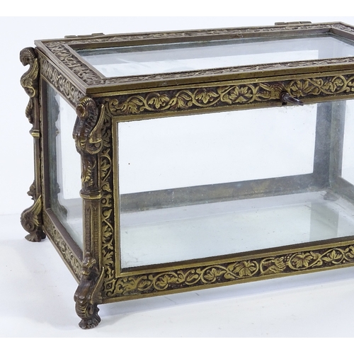 145 - A Victorian cast-brass framed casket, with relief moulded decoration and glass panels, width 22cm