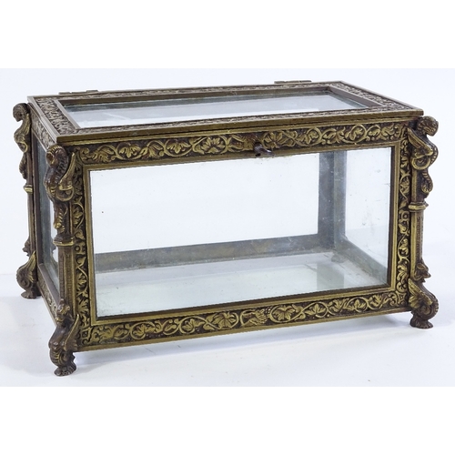 145 - A Victorian cast-brass framed casket, with relief moulded decoration and glass panels, width 22cm