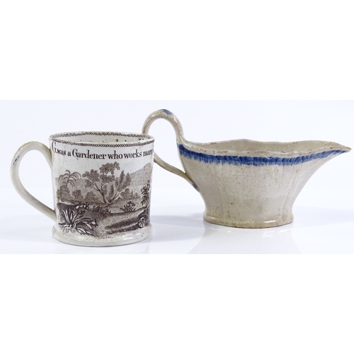 171 - A Victorian transfer printed child's mug, and a 19th century pearlware sauce boat (2)