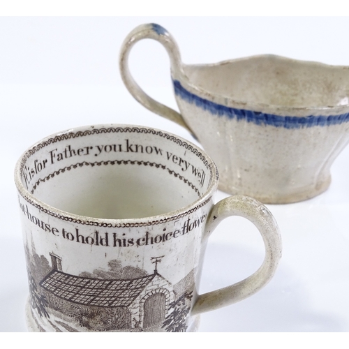 171 - A Victorian transfer printed child's mug, and a 19th century pearlware sauce boat (2)