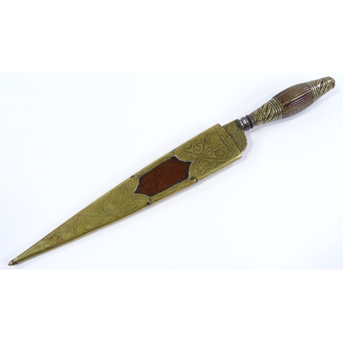 172 - A 19th century Continental knife, possibly Spanish, with horn and brass handle, and original engrave... 