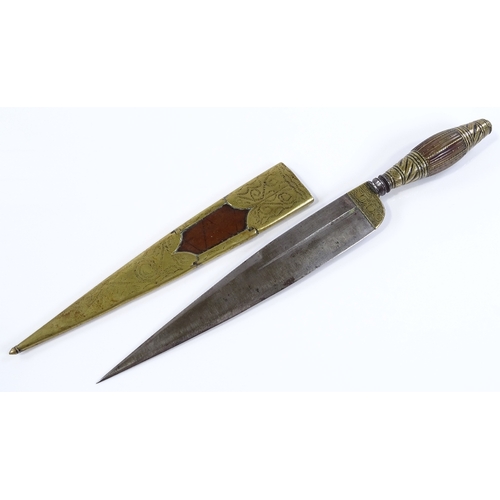 172 - A 19th century Continental knife, possibly Spanish, with horn and brass handle, and original engrave... 