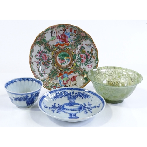 174 - A Chinese green hardstone bowl, diameter 10cm, and 3 other Chinese porcelain items (4)