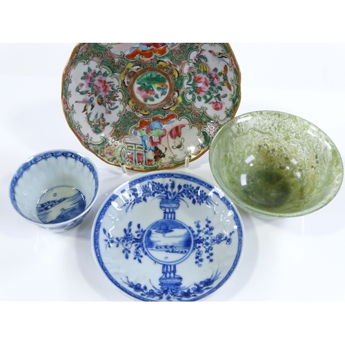 174 - A Chinese green hardstone bowl, diameter 10cm, and 3 other Chinese porcelain items (4)