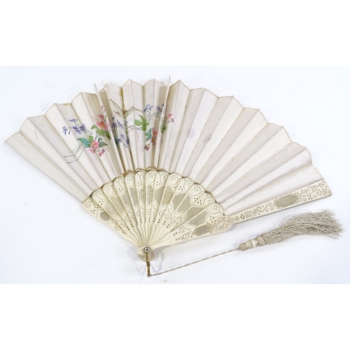 179 - A 19th century carved bone fan with hand painted silk screen, length 26cm