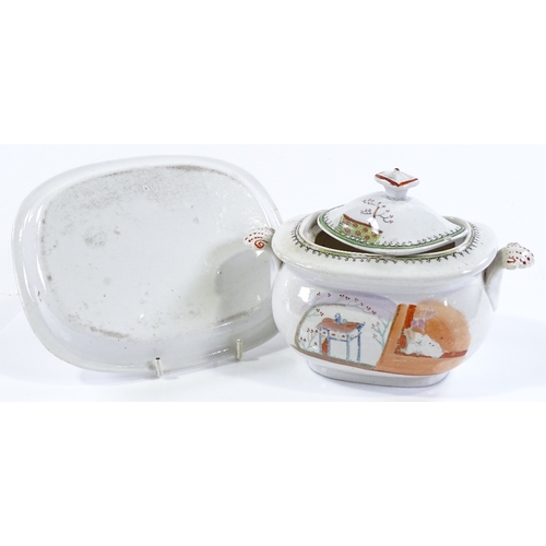 181 - A 19th century Newhall sauce tureen and cover on stand, with Oriental design, stand length 19cm