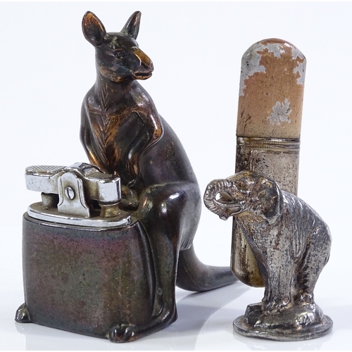 183 - A novelty kangaroo design table lighter, height 9cm, and an electroplate elephant design table light... 