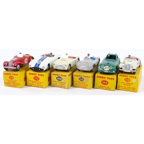 29 - Dinky Meccano, 6 boxed Sports Roadsters, 2 MG Midget 108, Bristol 450 Sports Coupe 163, Austin Heale... 