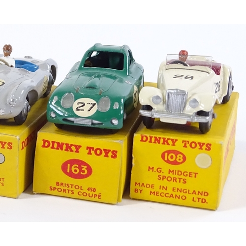 29 - Dinky Meccano, 6 boxed Sports Roadsters, 2 MG Midget 108, Bristol 450 Sports Coupe 163, Austin Heale... 