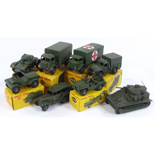 34 - Dinky Meccano, 8 military vehicles, Armoured Car 670, Scout Car 673, Army Covered Wagon 623, Militar... 