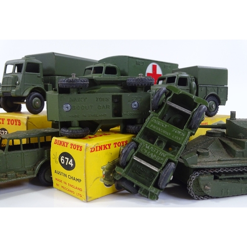 34 - Dinky Meccano, 8 military vehicles, Armoured Car 670, Scout Car 673, Army Covered Wagon 623, Militar... 