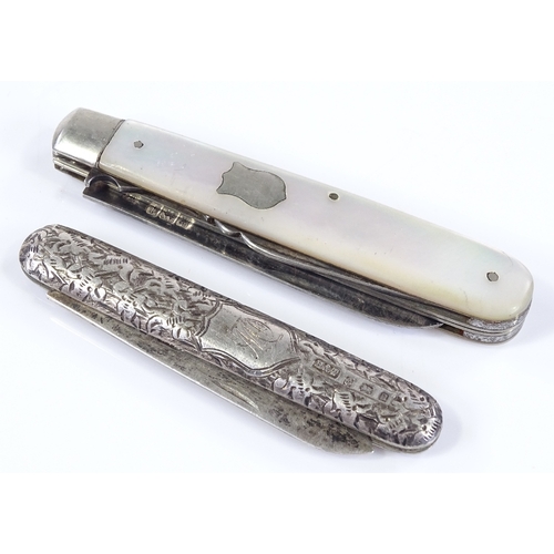 64 - A silver and mother-of-pearl pocket knife, and an Edwardian engraved silver pocket knife (2)