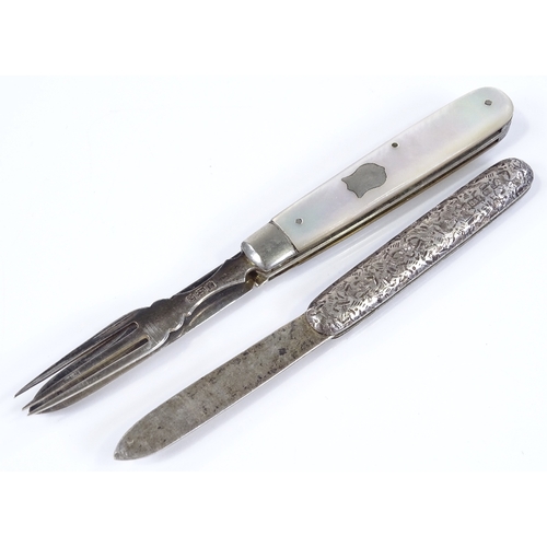 64 - A silver and mother-of-pearl pocket knife, and an Edwardian engraved silver pocket knife (2)