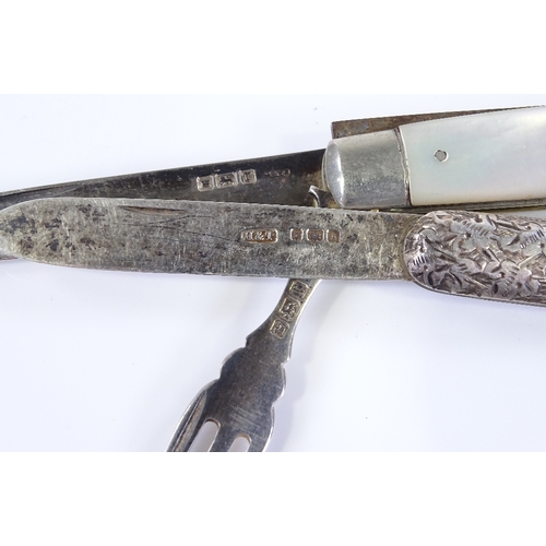 64 - A silver and mother-of-pearl pocket knife, and an Edwardian engraved silver pocket knife (2)