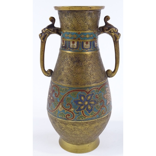 69 - A Chinese gilded bronze 2-handled vase, with champleve enamel bands, height 20cm