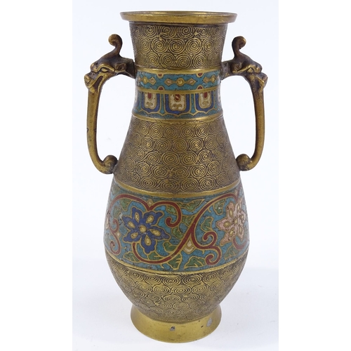 69 - A Chinese gilded bronze 2-handled vase, with champleve enamel bands, height 20cm