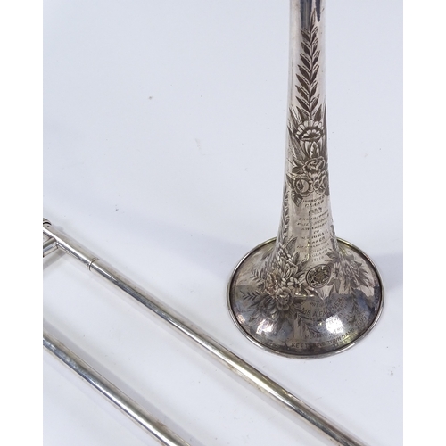 75 - A Victorian silver plated trombone made by Joseph Higham of Manchester, with engraved decoration and... 