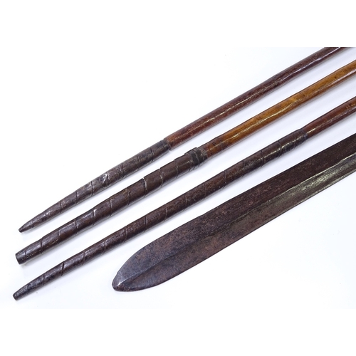 79 - 3 African steel-tipped Tribal spears, and an African spearhead (4)