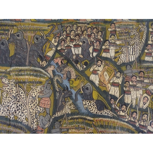 80 - An Ethiopian Ethnic painting on fabric, probably early to mid-20th century, depicting hunting scenes... 