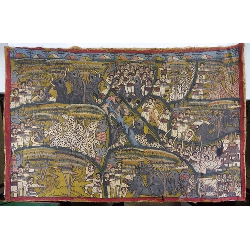 80 - An Ethiopian Ethnic painting on fabric, probably early to mid-20th century, depicting hunting scenes... 