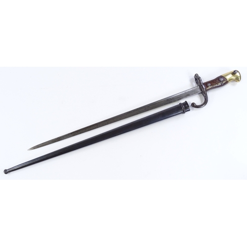 92 - A 19th century French sword bayonet, brass-mounted hilt with original metal scabbard, dated 1877, bl... 