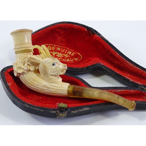 94 - A 19th century carved Meerschaum lady's pipe, with mountain goat design with horn antlers, original ... 