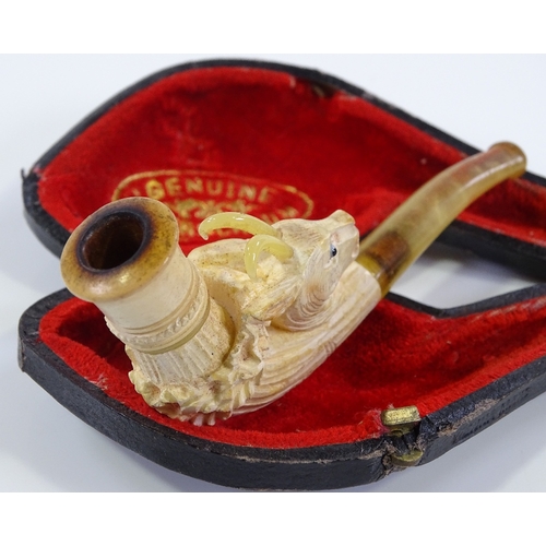 94 - A 19th century carved Meerschaum lady's pipe, with mountain goat design with horn antlers, original ... 