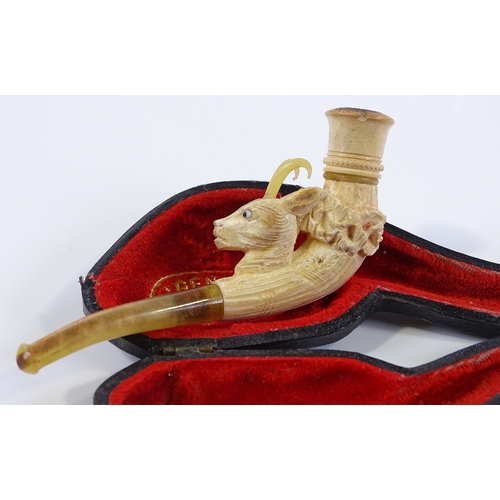 94 - A 19th century carved Meerschaum lady's pipe, with mountain goat design with horn antlers, original ... 