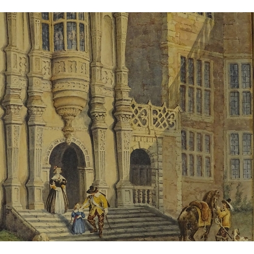 1264 - 19th century watercolour, figures outside a country house, unsigned, 16