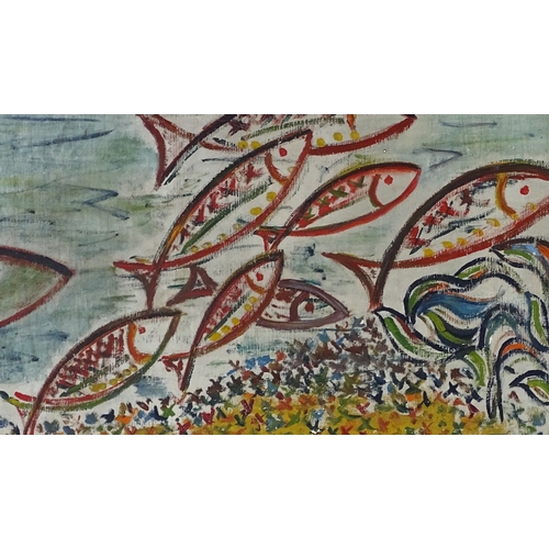 1266 - Mid-20th century British School, oil on canvas, fish on the seabed, signed with monogram, 12