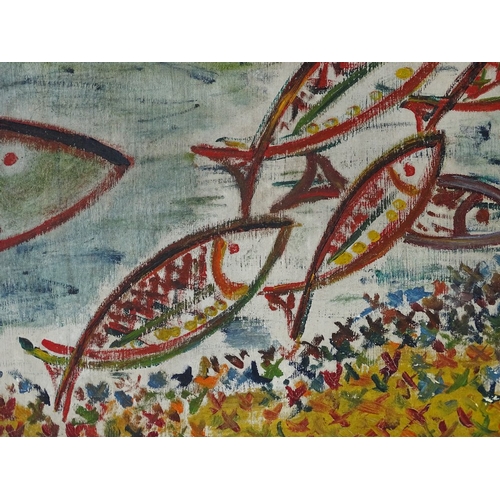 1266 - Mid-20th century British School, oil on canvas, fish on the seabed, signed with monogram, 12