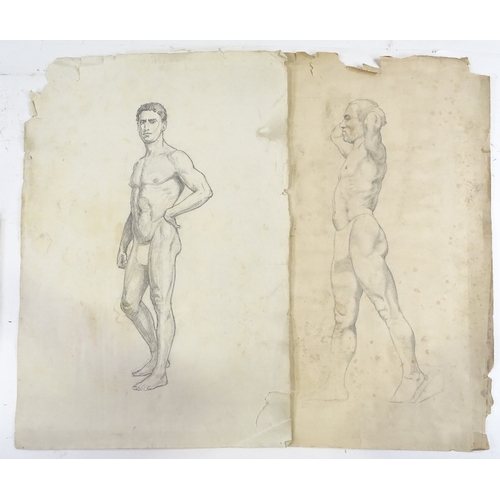 1276 - A folder of early 20th century pencil drawings, life studies, and a print after Brangwyn