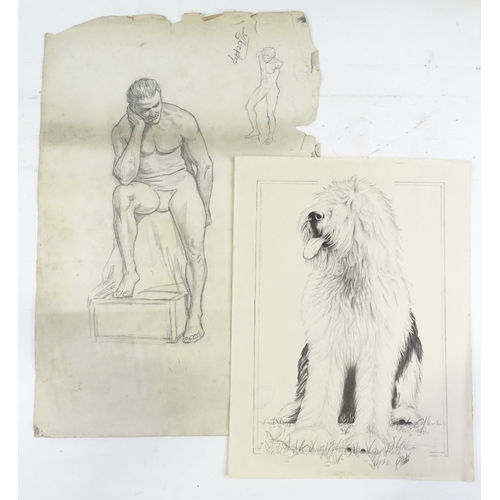 1276 - A folder of early 20th century pencil drawings, life studies, and a print after Brangwyn