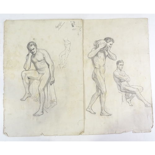 1276 - A folder of early 20th century pencil drawings, life studies, and a print after Brangwyn