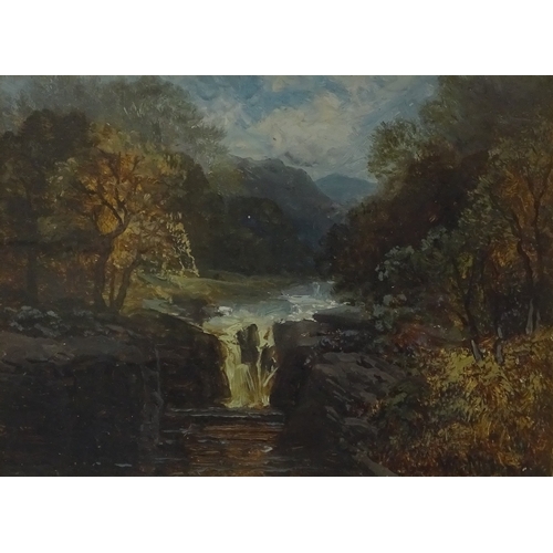 1277 - Walter Meegan, oil on board, waterfall in the mountains, signed, 8.5