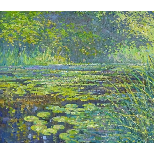 1279 - Gregory Davies, oil on board, lily pond, 18