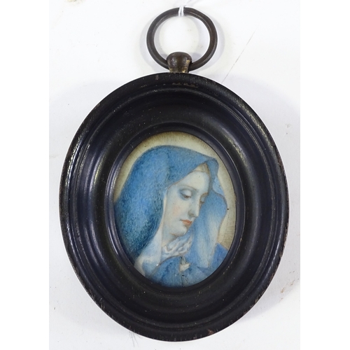 1281 - Miniature watercolour on ivory, study of the Virgin Mary, unsigned, ebonised frame, overall height 4... 